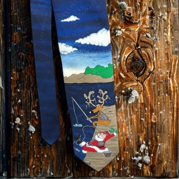 Hallmark  Tie Mens Christmas Santa Fishing Necktie Blue - Picture 1 of 6
